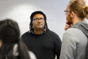 Lewis Gordon, professor of philosophy, lectures at Storrs Hall on April 27, 2016. (/UConn Photo)